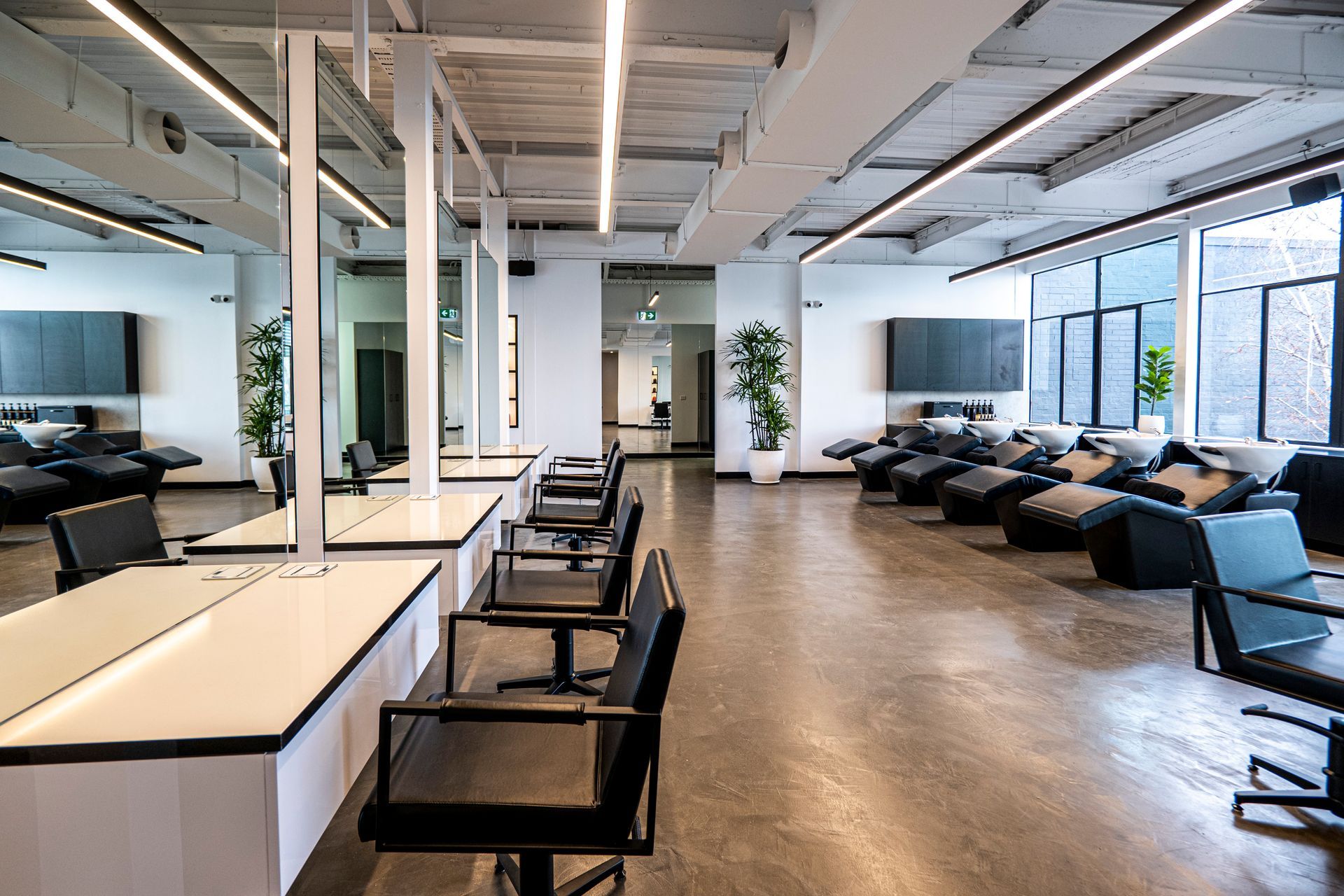 Hair salon interior: mirrors, styling stations, waiting area with chairs, bright lighting, and plants