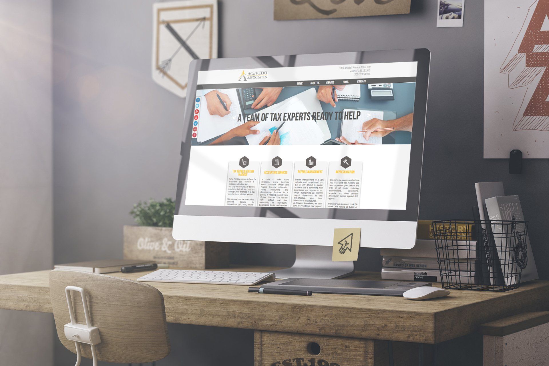 A computer monitor is sitting on top of a wooden desk.