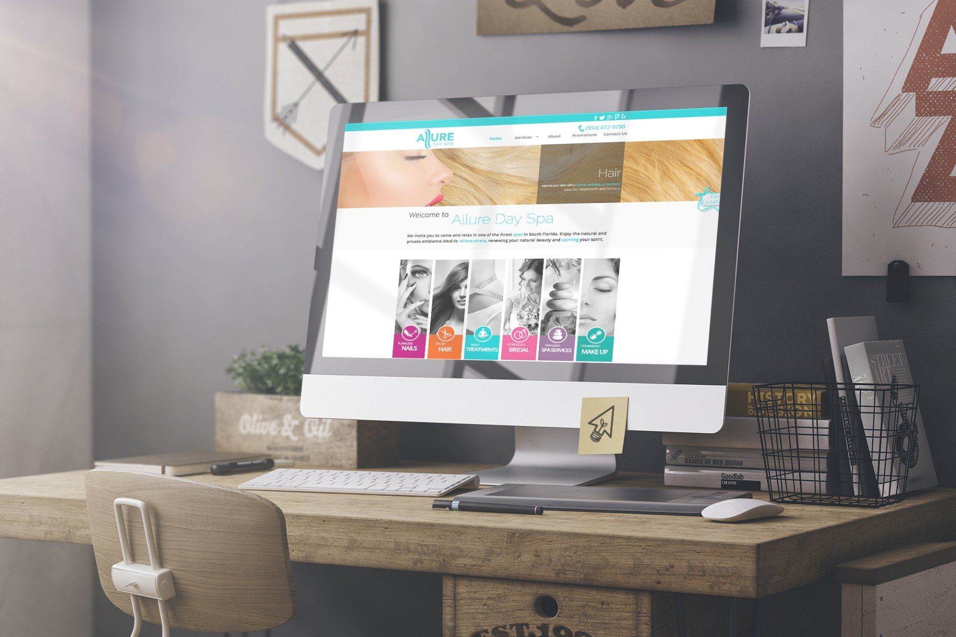 a computer with a website on the screen is sitting on a desk .