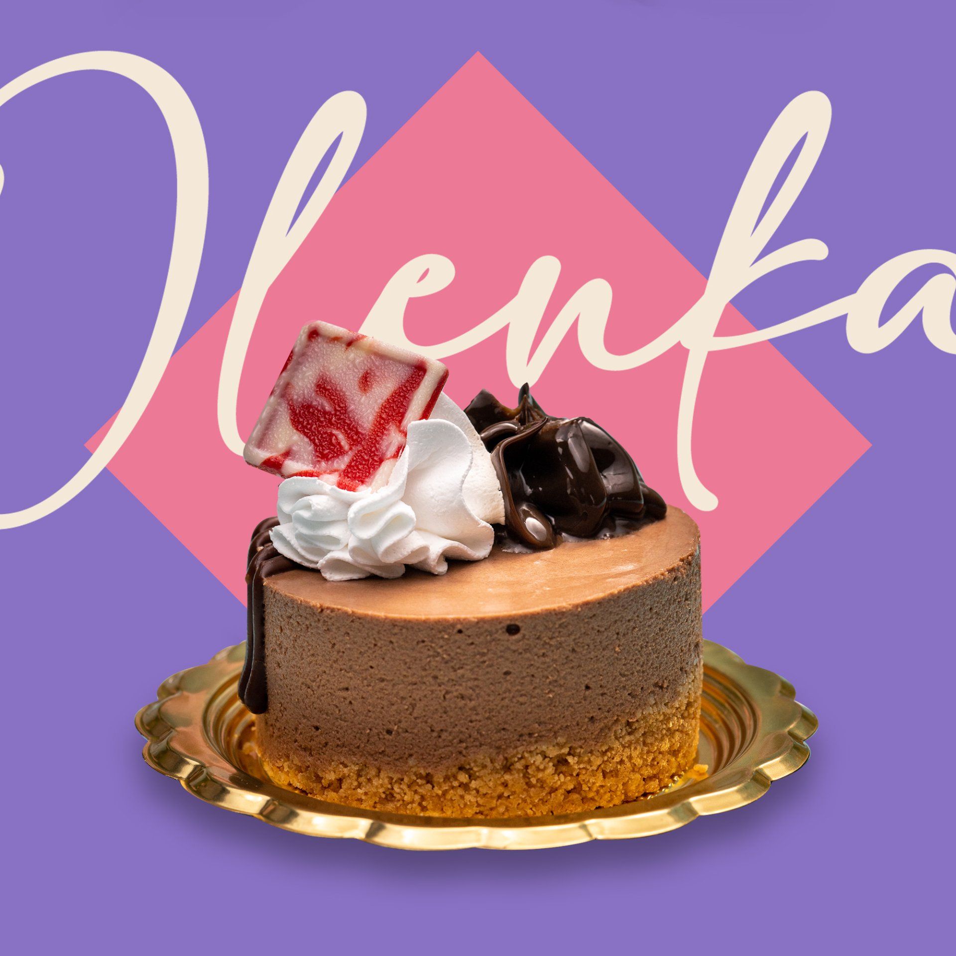 A chocolate cake on a plate with the word lenka in the background