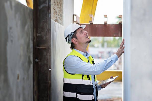 A man in a hard hat and vest is looking at a door while holding a clipboard.