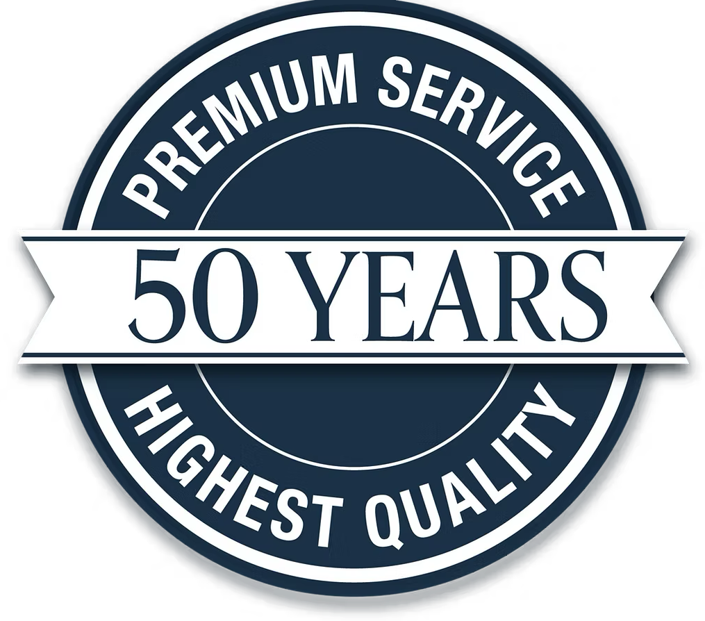 A stamp that says premium service 50 years highest quality