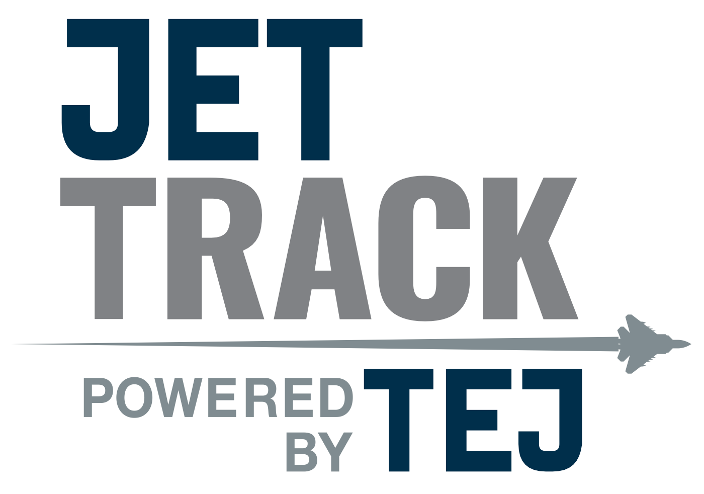 A logo for jet track powered by tej with an arrow pointing to the right.