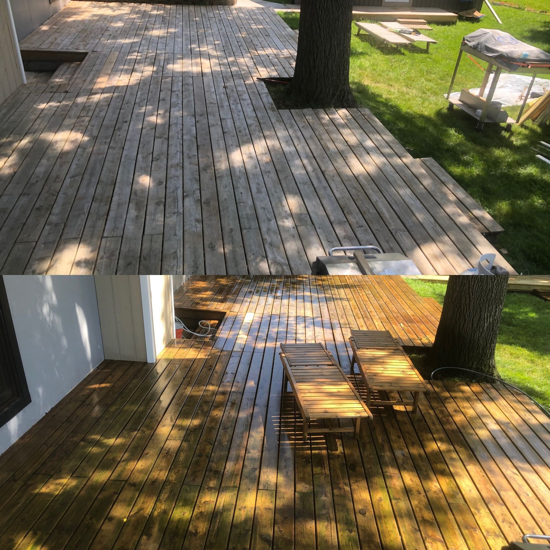 A before and after photo of a wooden deck.