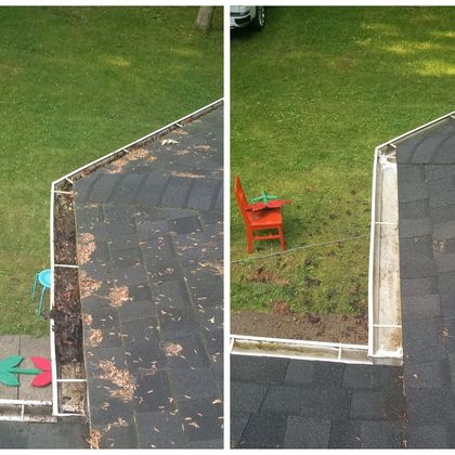 A before and after picture of a gutter on a roof.