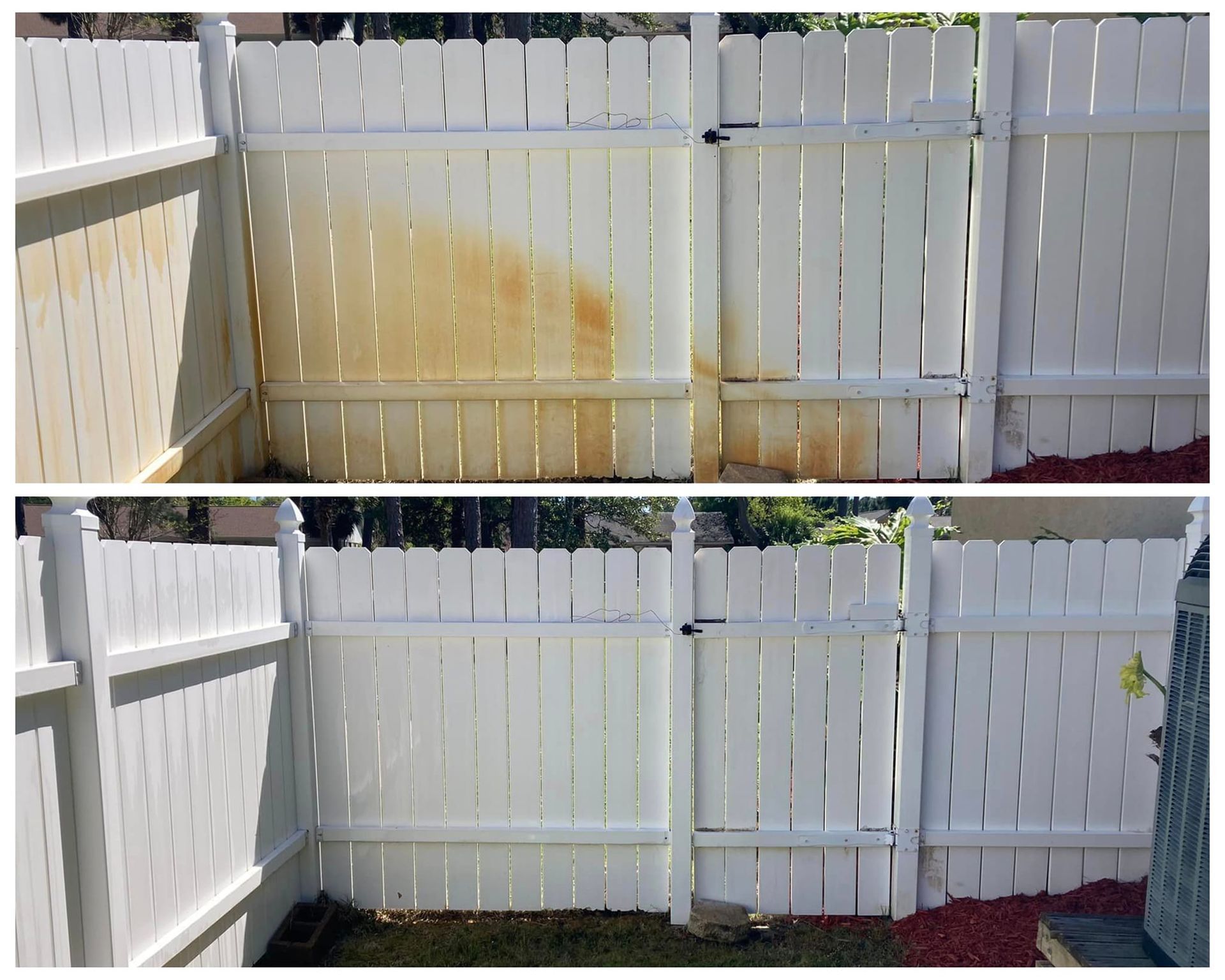 A before and after photo of a white fence with rust on it.