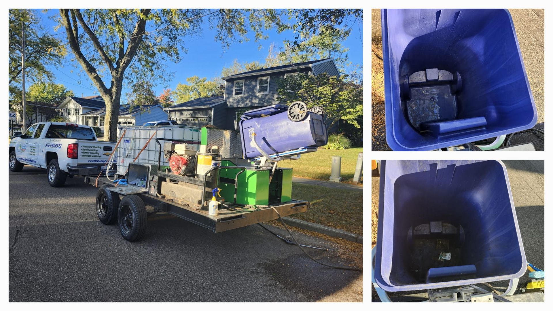 A trailer filled with trash is parked in front of a house.