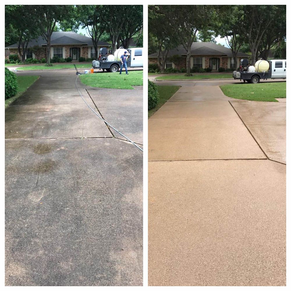 A before and after photo of a driveway being cleaned.