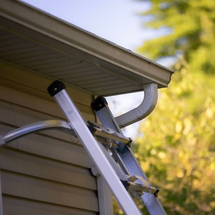 A ladder is attached to the side of a house.