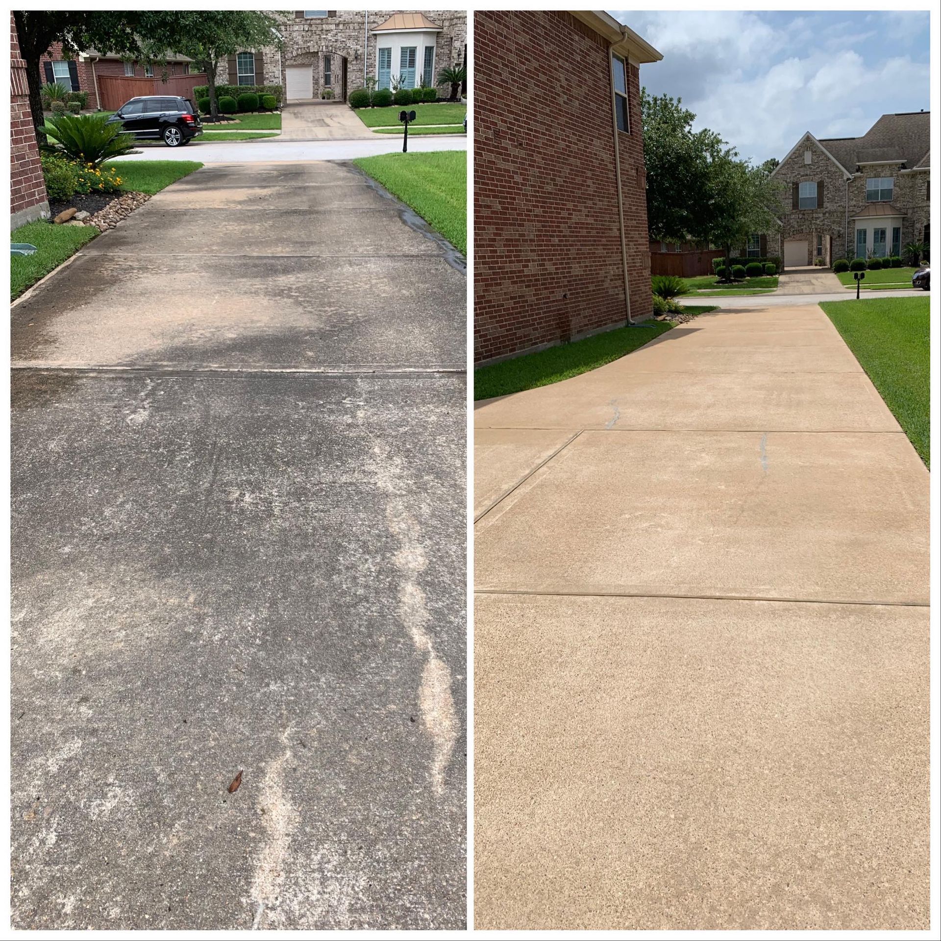 A before and after photo of a concrete driveway being cleaned.