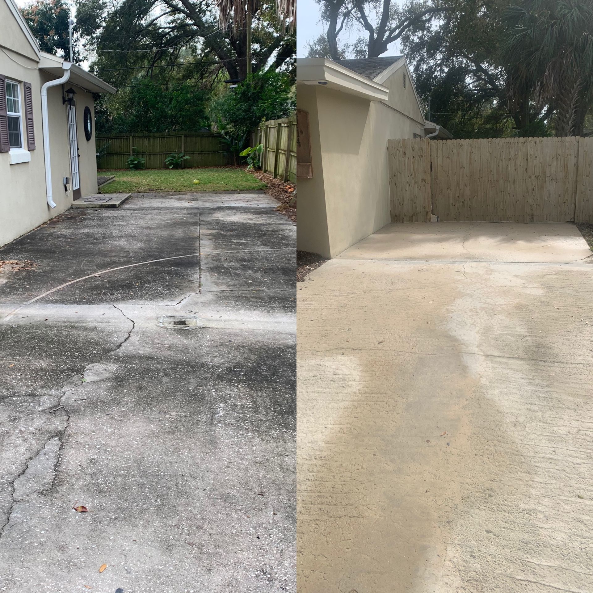 A before and after photo of a concrete driveway.