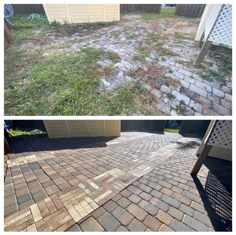 A before and after photo of a brick driveway.