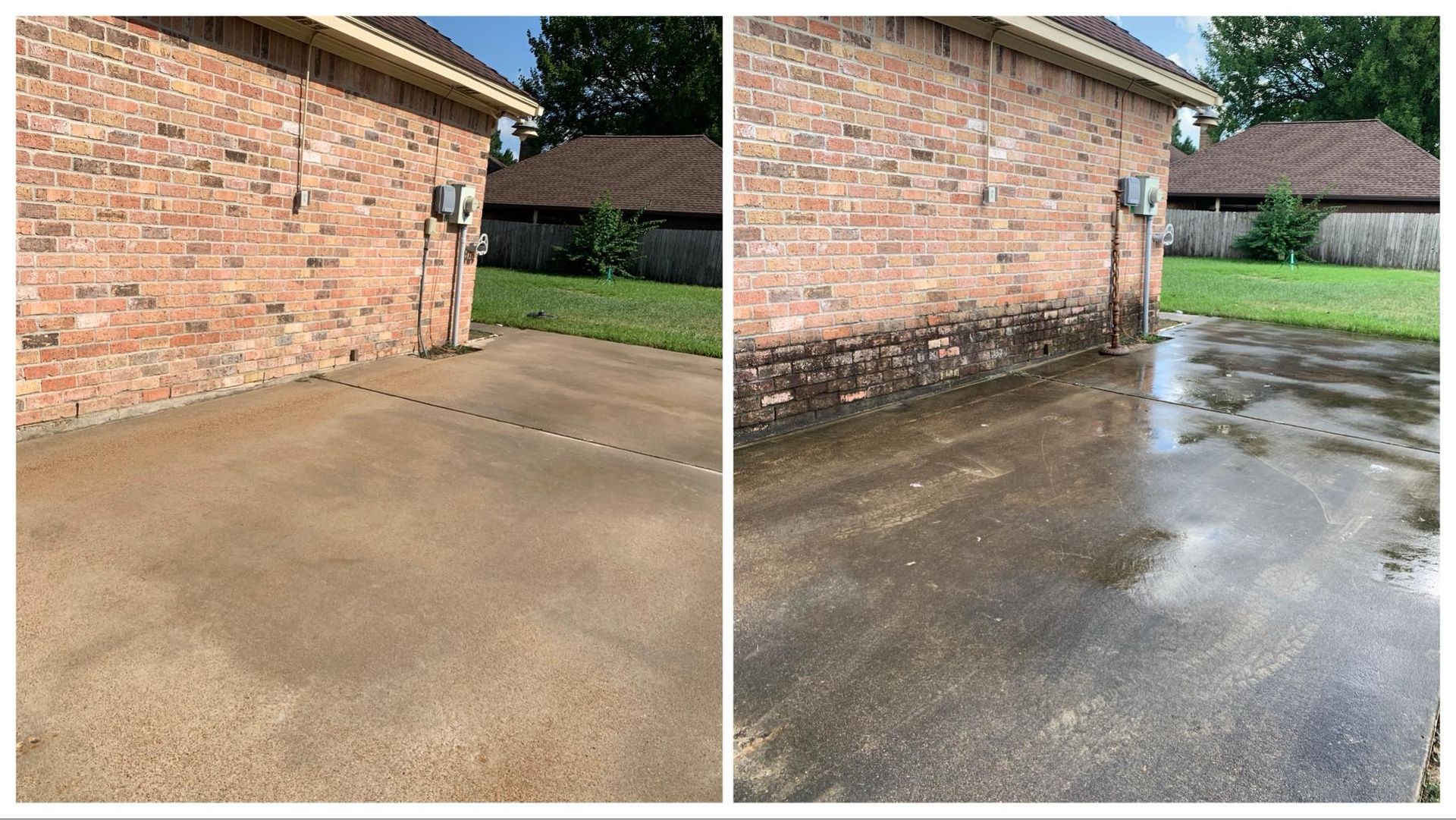 A before and after picture of a driveway next to a brick building.