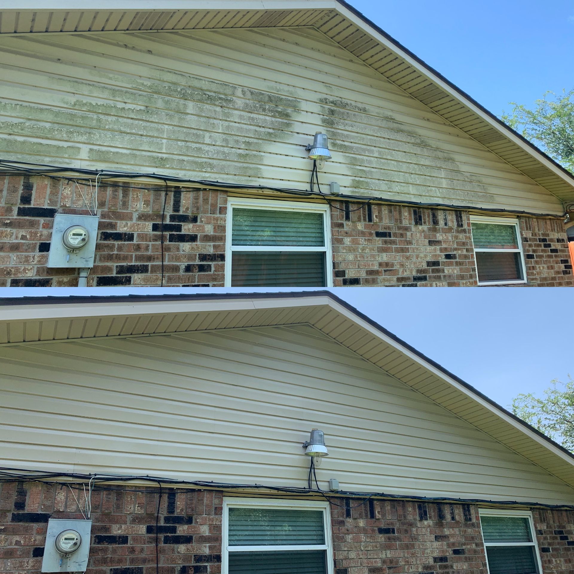 A before and after picture of a house's siding being cleaned.