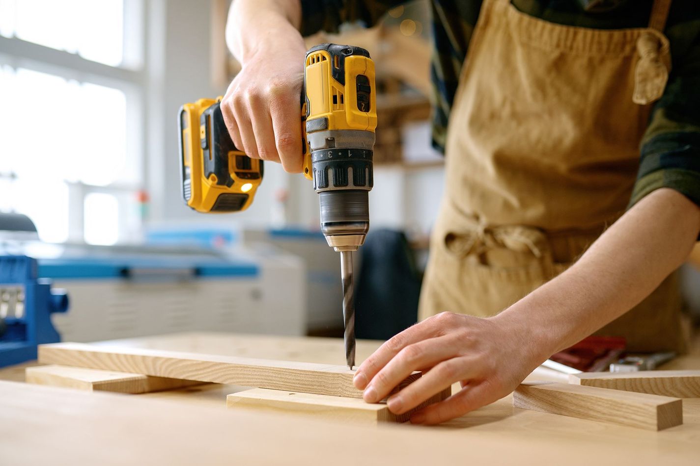 Carpenter Working With Drill Leaning Over Table