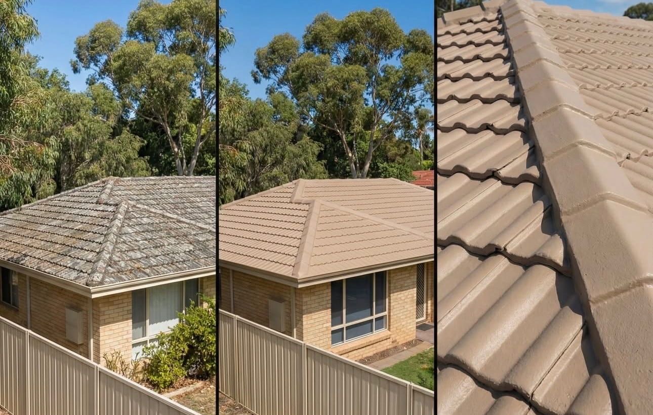 A split view shows a residential roof before and after cleaning and repainting, with a close-up of the finished tiles.