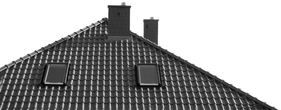 A dark-tiled residential roof with two chimneys and two skylights set against a white background.