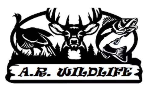 Silhouette of deer, fish, and turkey over the words “A.R. WILDLIFE.”