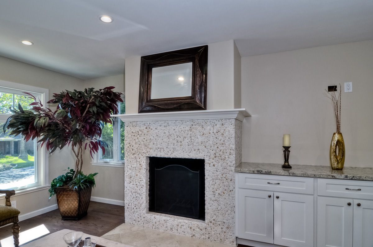 Fireplace with granite surround, mirror, and white cabinets; a large indoor plant is to the left.