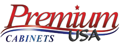 A red , white and blue logo for Premium Cabinets USA