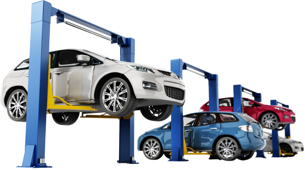 Cars on blue automotive lifts