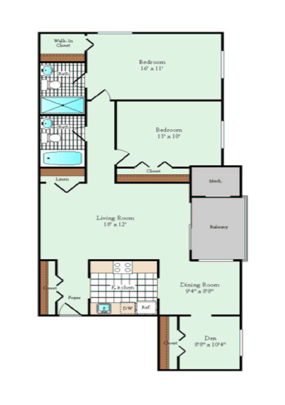 2 bedroom 2 bath w den floorplan