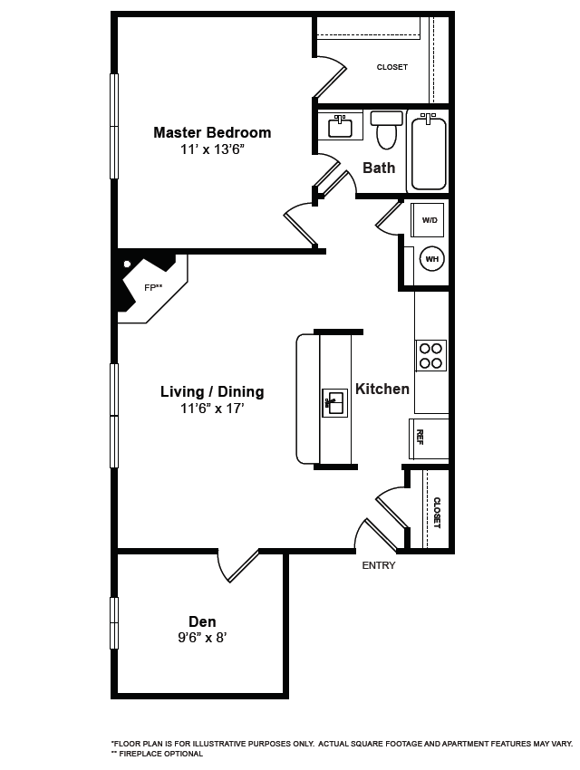 Floor plan: 1 Bed w/ Den, 1 Bath | 734 SF