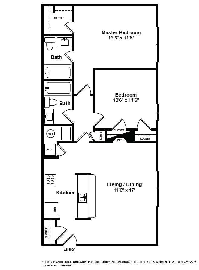 Floor plan: 2 Bed,  2 Bath | 841 SF
