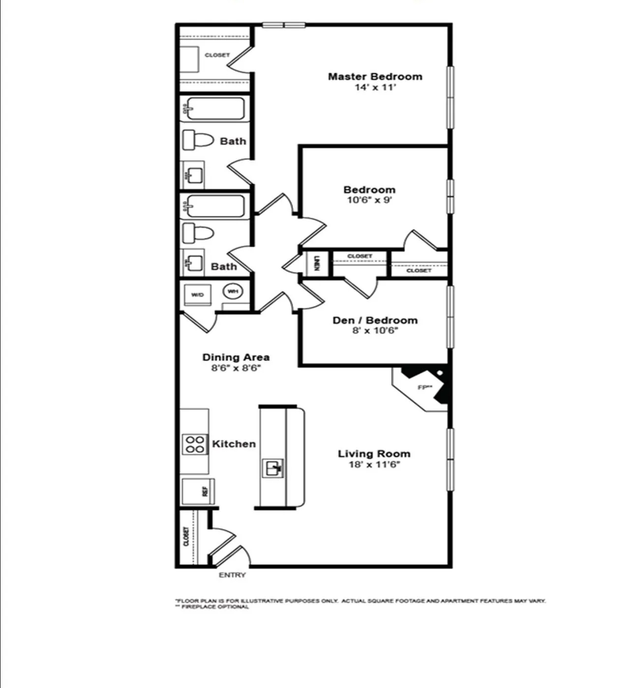 Floor plan 3 Bed w/ Den, 2 Bath | 1000 SF