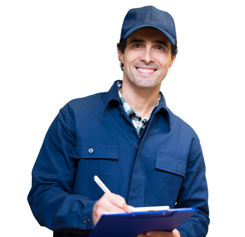 A man in a blue uniform is writing on a clipboard