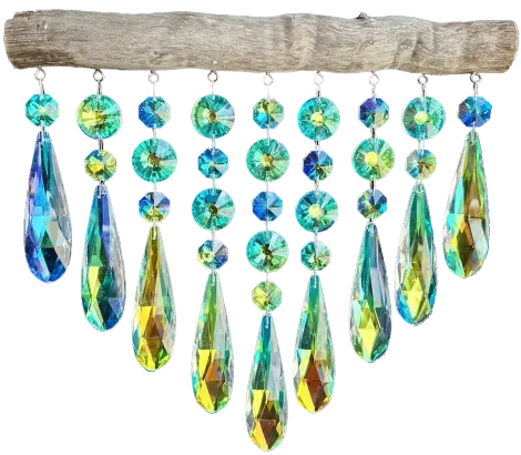 A string of crystals hanging from a piece of wood