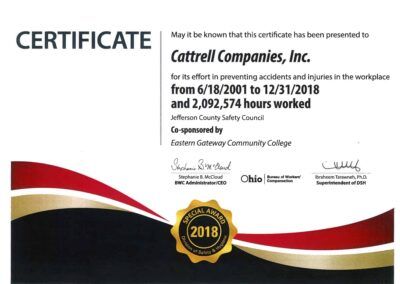 Certificate for Cattrell Companies, Inc. with red, white, black, and gold accents, honoring workplace safety from 2018 to 2024