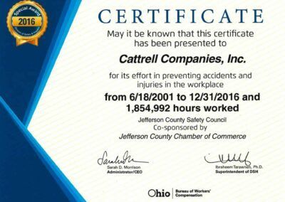 Certificate awarded to Cattrell Companies for workplace safety, blue-and-gold design, 2016