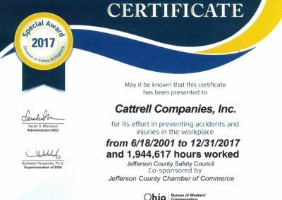 2017 certificate for Cattell Copur, Inc. recognizing 1,944,617 hours worked without a lost-time accident