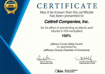 Certificate for Cattrell Companies, 100% for accident-free injuries at work, with blue and white design
