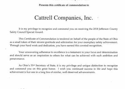 Certificate of commendation to Cattrell Companies, Inc. from a school for support and dedication