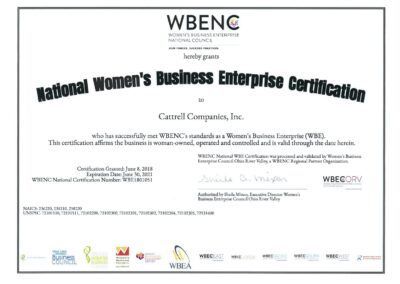 WBENC National Women’s Business Enterprise Certification certificate for Cattell Enterprises, Inc.