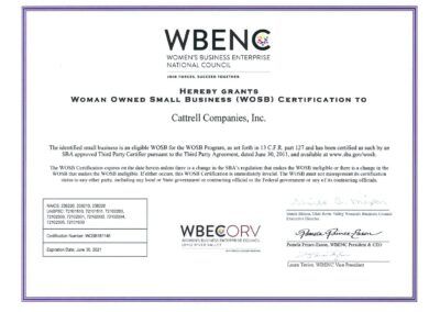 WBENC Women Owned Small Business certification certificate for Cattell Cosby, Inc.