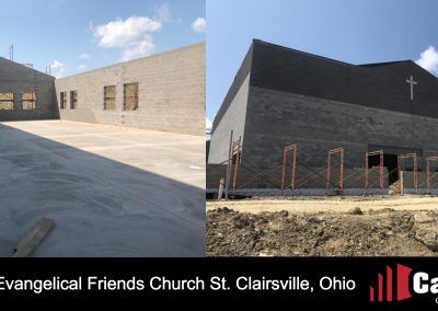 Evangelical Friends Church in St. Clairsville, Ohio, with a dark exterior and cross on the front.
