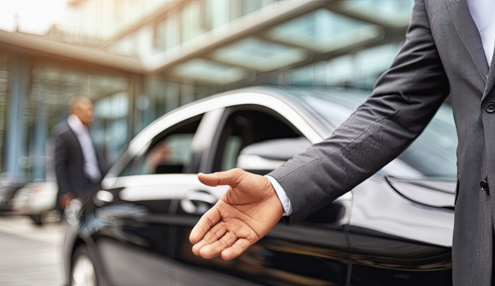 Hand in black suit jacket gesturing beside a black car in a city setting