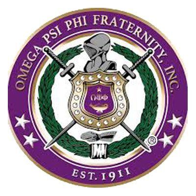 Omega Psi Phi Fraternity, Inc. circular purple emblem with shield, spear, and laurel wreath, est. 1911