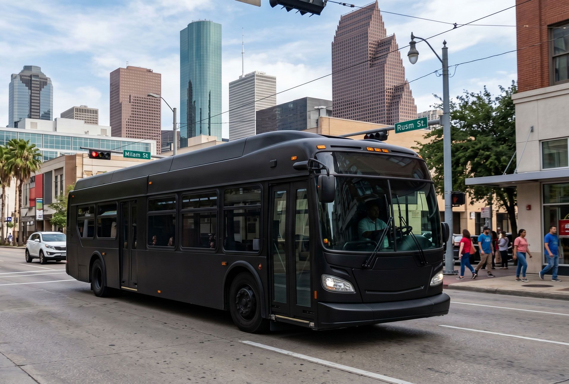Black city bus driving downtown with skyscrapers and pedestrians in the background