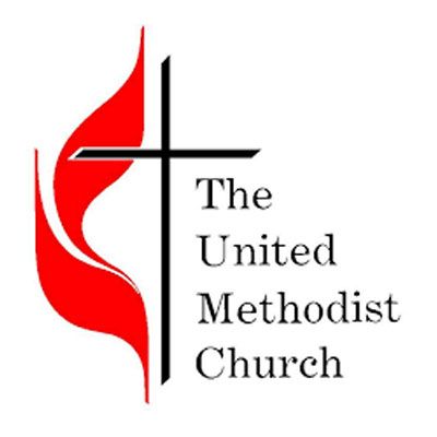 United Methodist Church logo with red flame and black cross beside text.