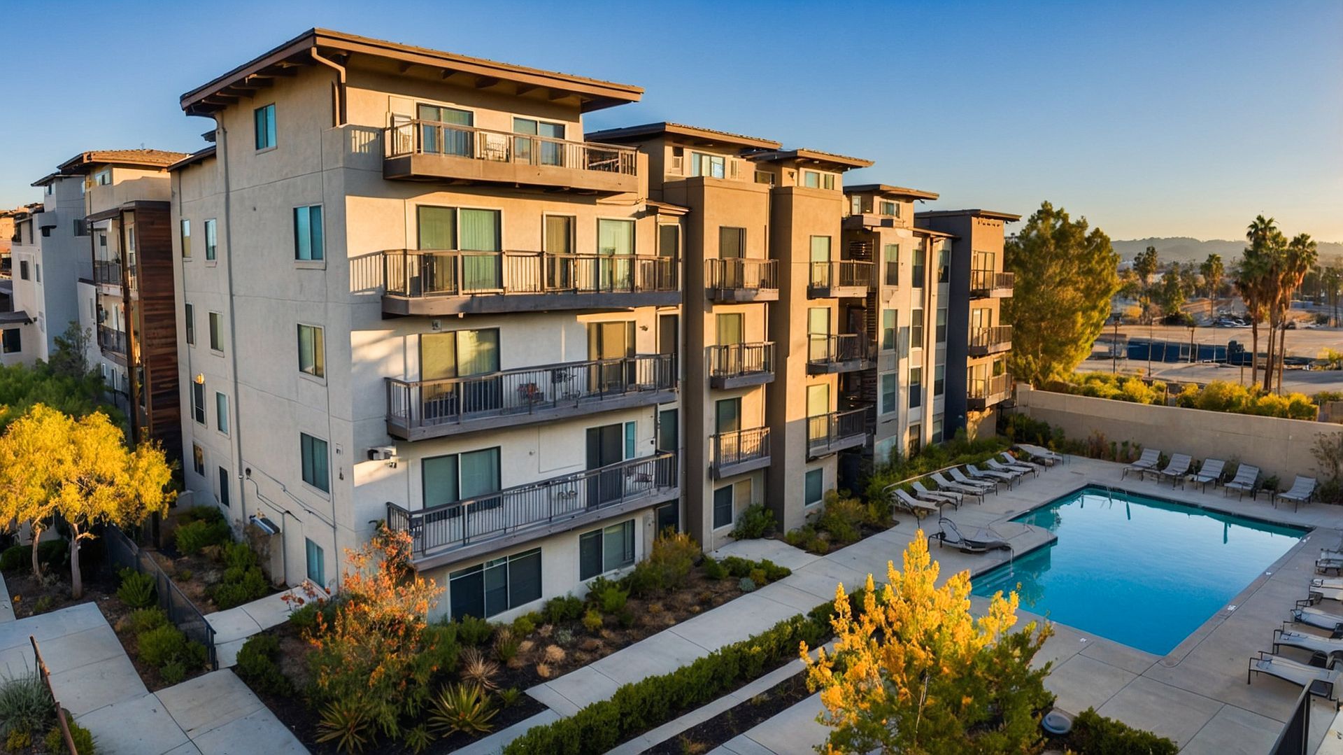A large apartment building with a swimming pool in front of it.