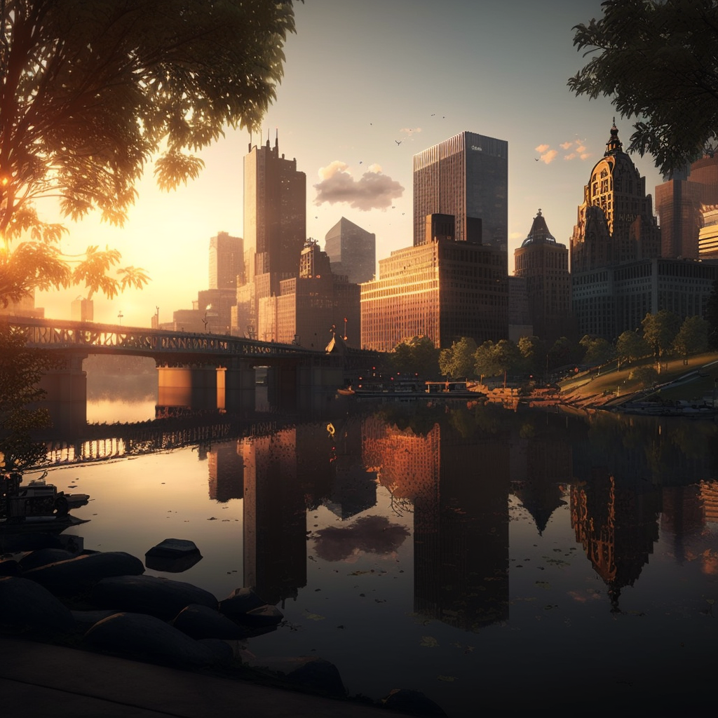 A bridge over a body of water with a city in the background