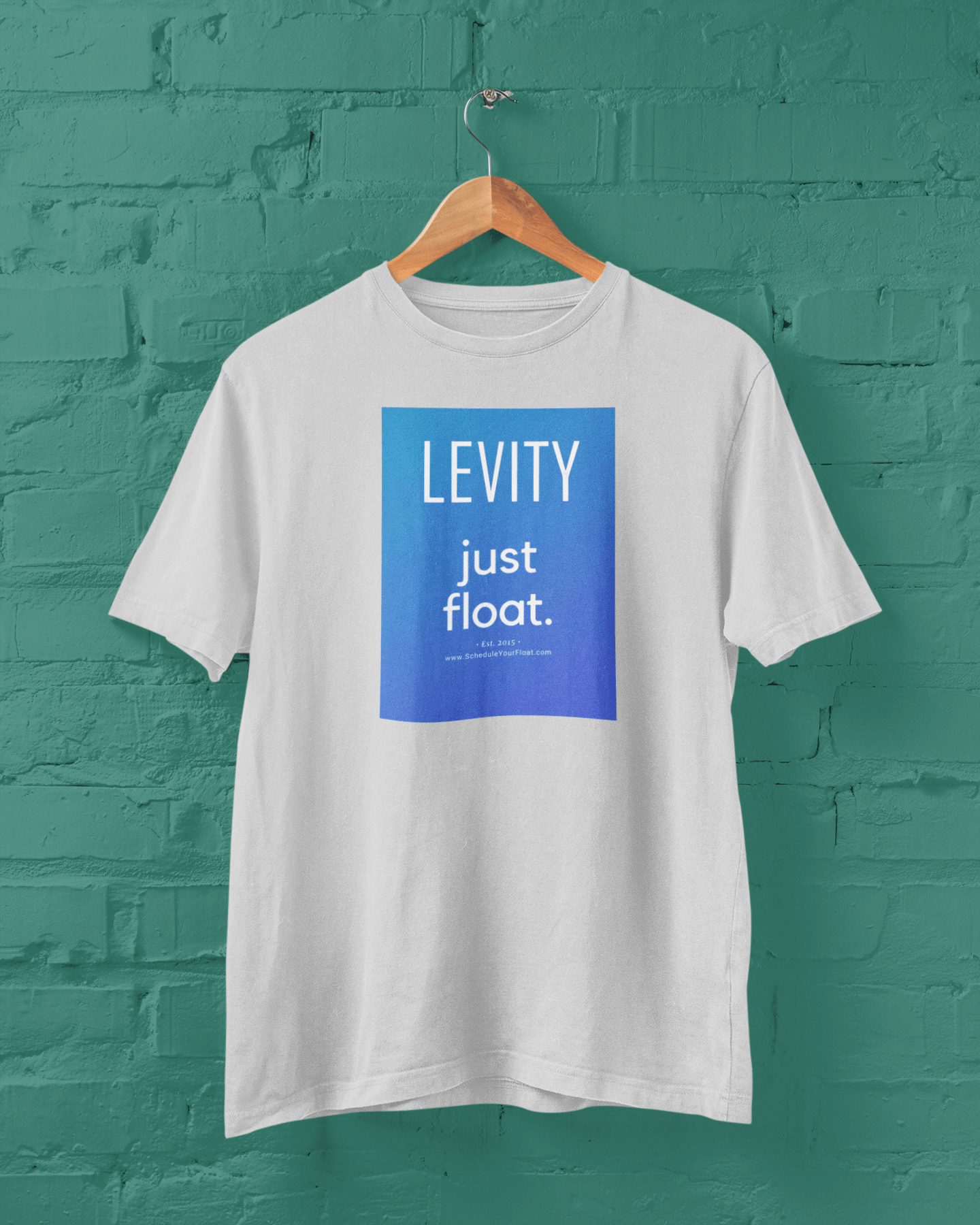 White shirt with green background, blue and purple gradient rectangle with Levity lettering in white along with established in 2015.