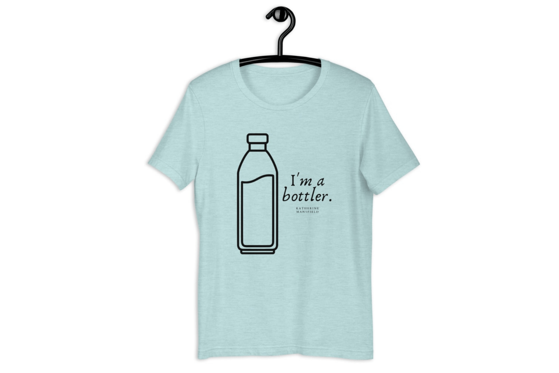 A light blue t-shirt with a water bottle on it is hanging on a hanger.