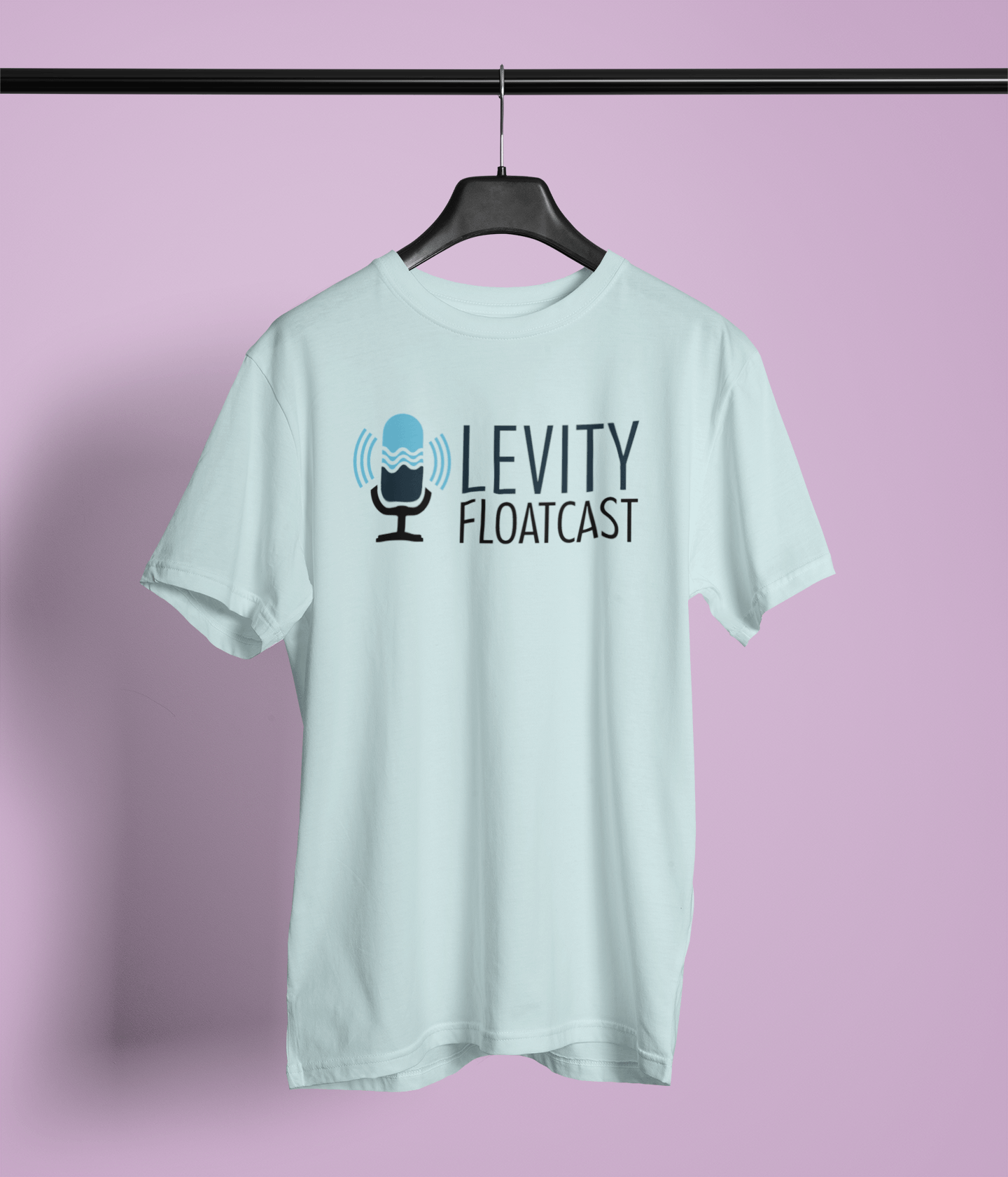 Ice blue shirt with pink background, Levity Floatcast in black lettering and a Levity microphone logo.