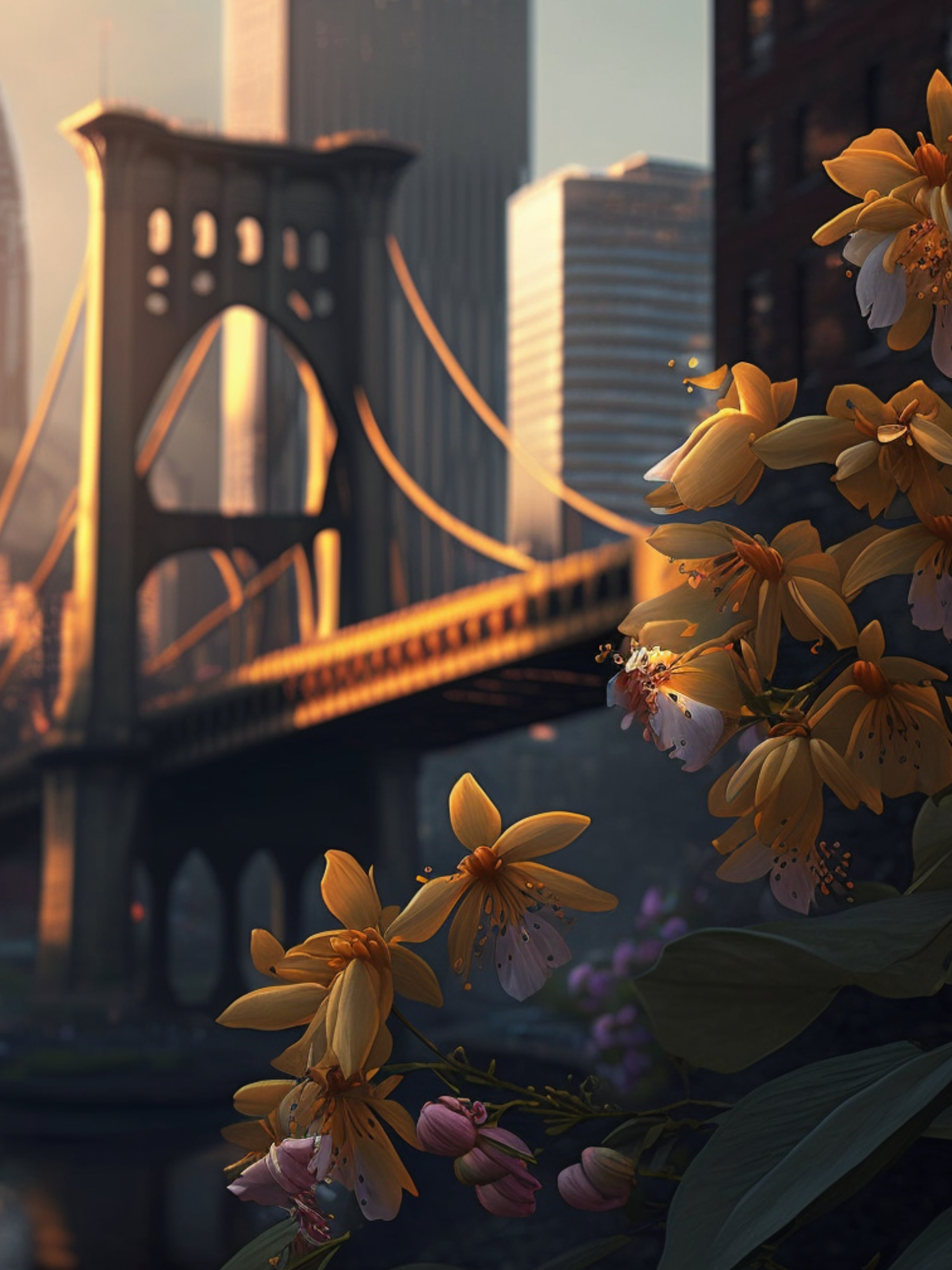 A bridge with flowers in front of it and a city in the background