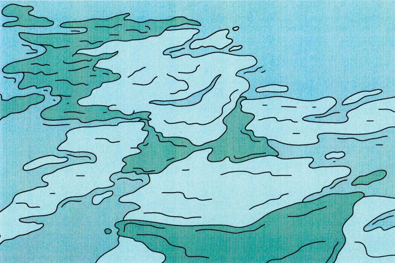 A blue and white drawing of a body of water